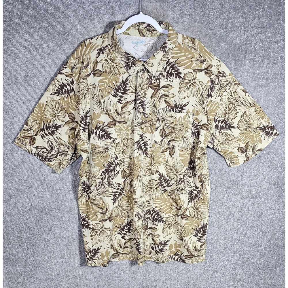 KS Island Hawaiian Polo Shirt Mens Size 2XLT 2XL Tall Beige‎ Brown Tropical Leaf
